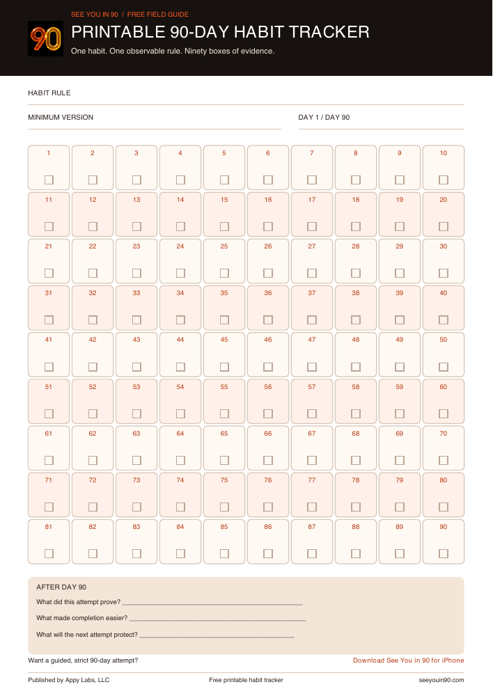 Actual A4 PDF of the same 90-day habit tracker