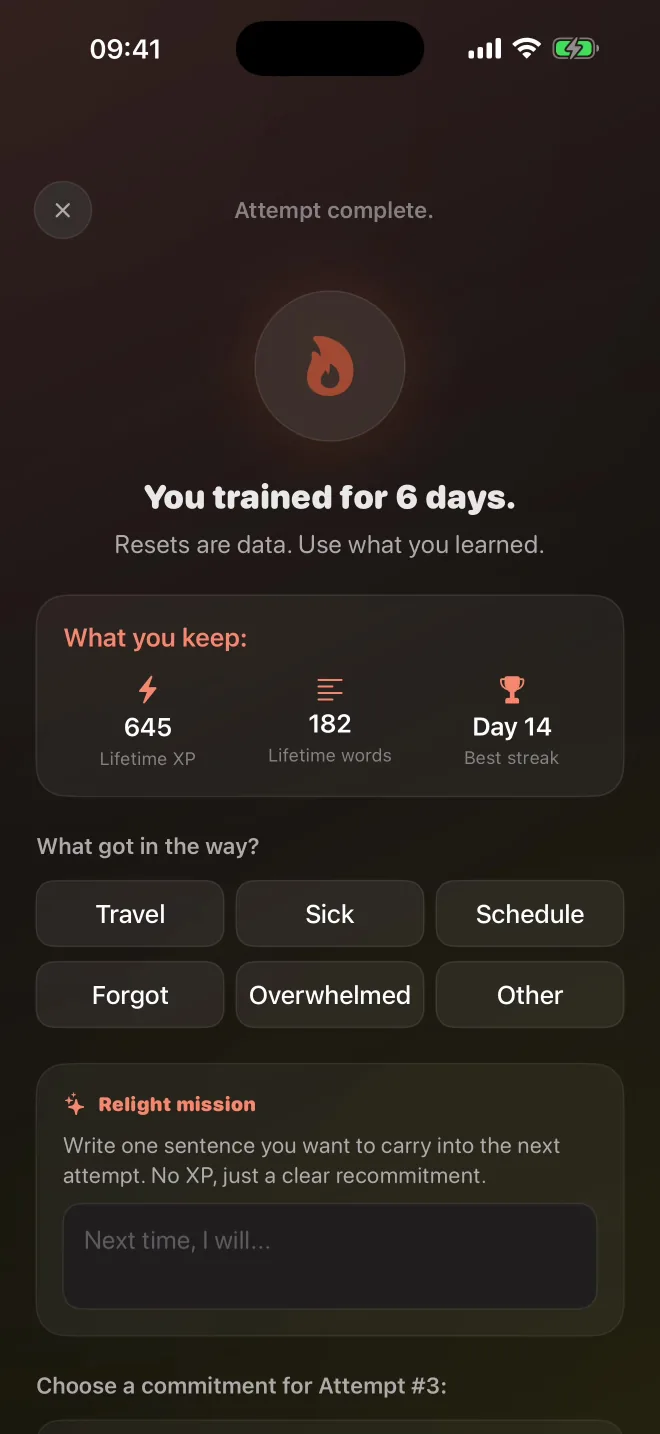 See You in 90 reset screen showing preserved lifetime progress and prompts to learn from the ended attempt