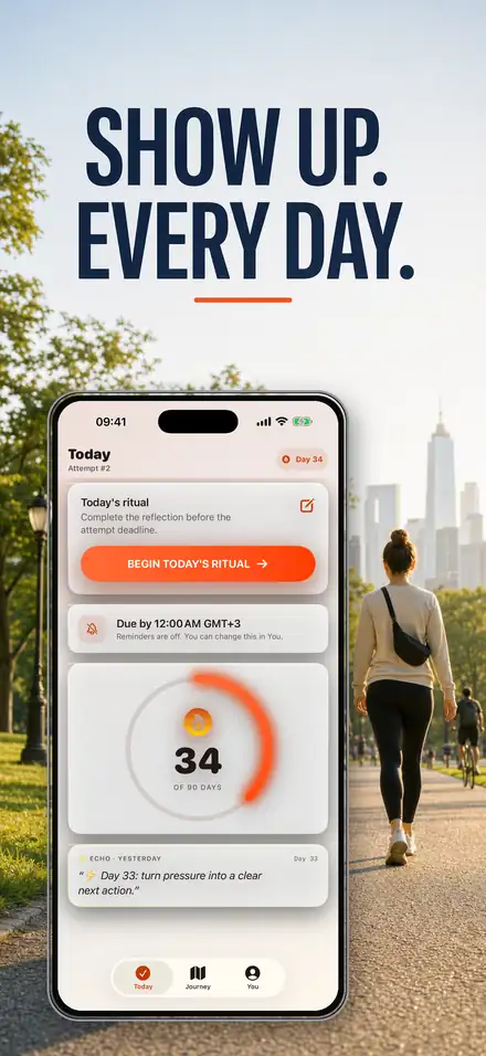 See You in 90 App Store preview showing the daily ritual and Day 34 progress
