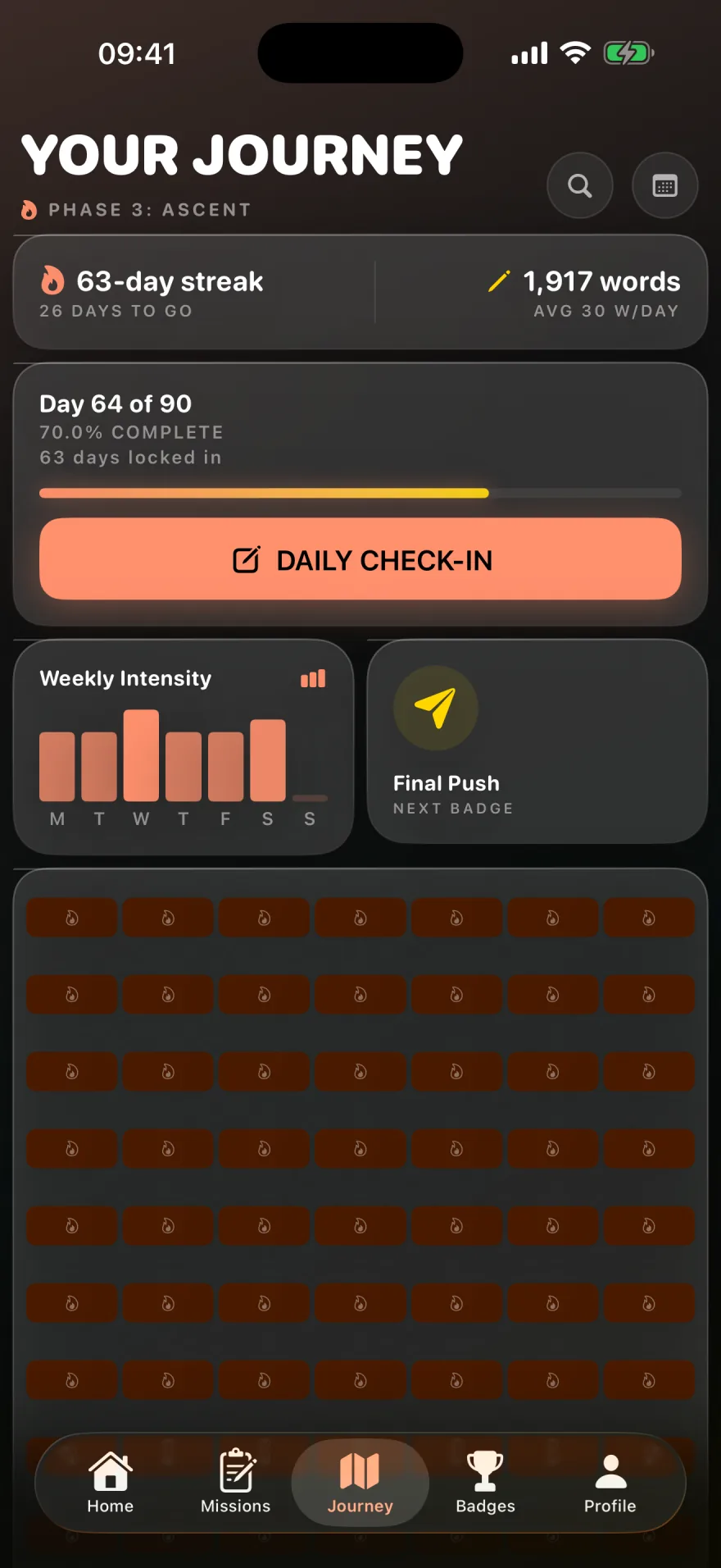 See You in 90 journey screen showing a 63-day streak, word count, progress map, weekly intensity, and next badge