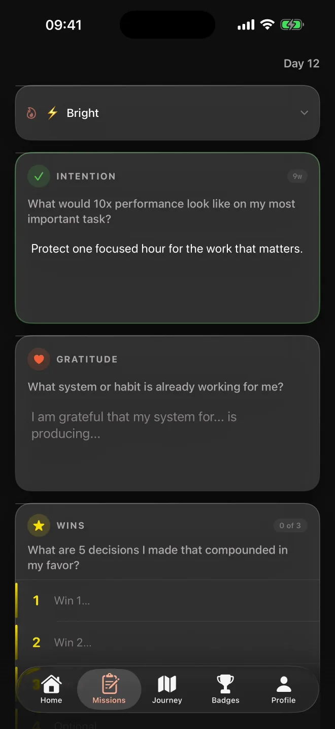 See You in 90 daily missions screen with opportunity, gratitude, and wins reflection panels