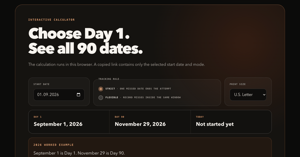 See You in 90 Day 90 calculator showing a September 1 to November 29, 2026 challenge