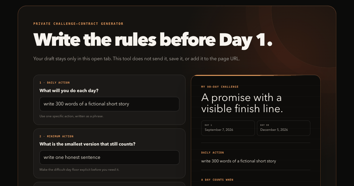 See You in 90 challenge contract generator with a fictional completed 90-day contract